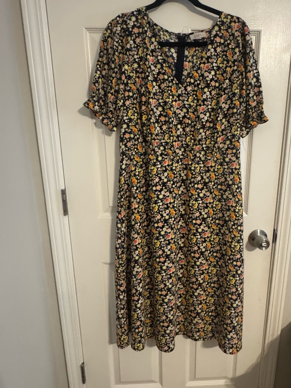 LOFT Black Floral Midi Dress with Yellow and Pink Blooms
